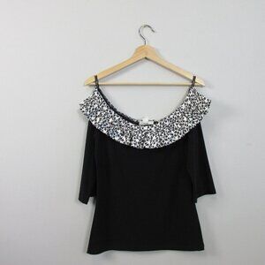 Joseph Ribkoff Off the Shoulder Blouse Women 8 Black Floral Embellish Luxury 206